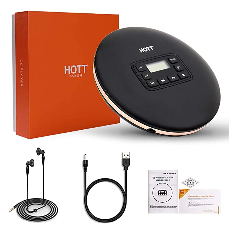 CD611 Portable CD Player Personal Compact CD Player with LCD Display AntiSkipAntiShock Walkman Small Music CD Player with Headphones USB Cable for Car Home Travel Black