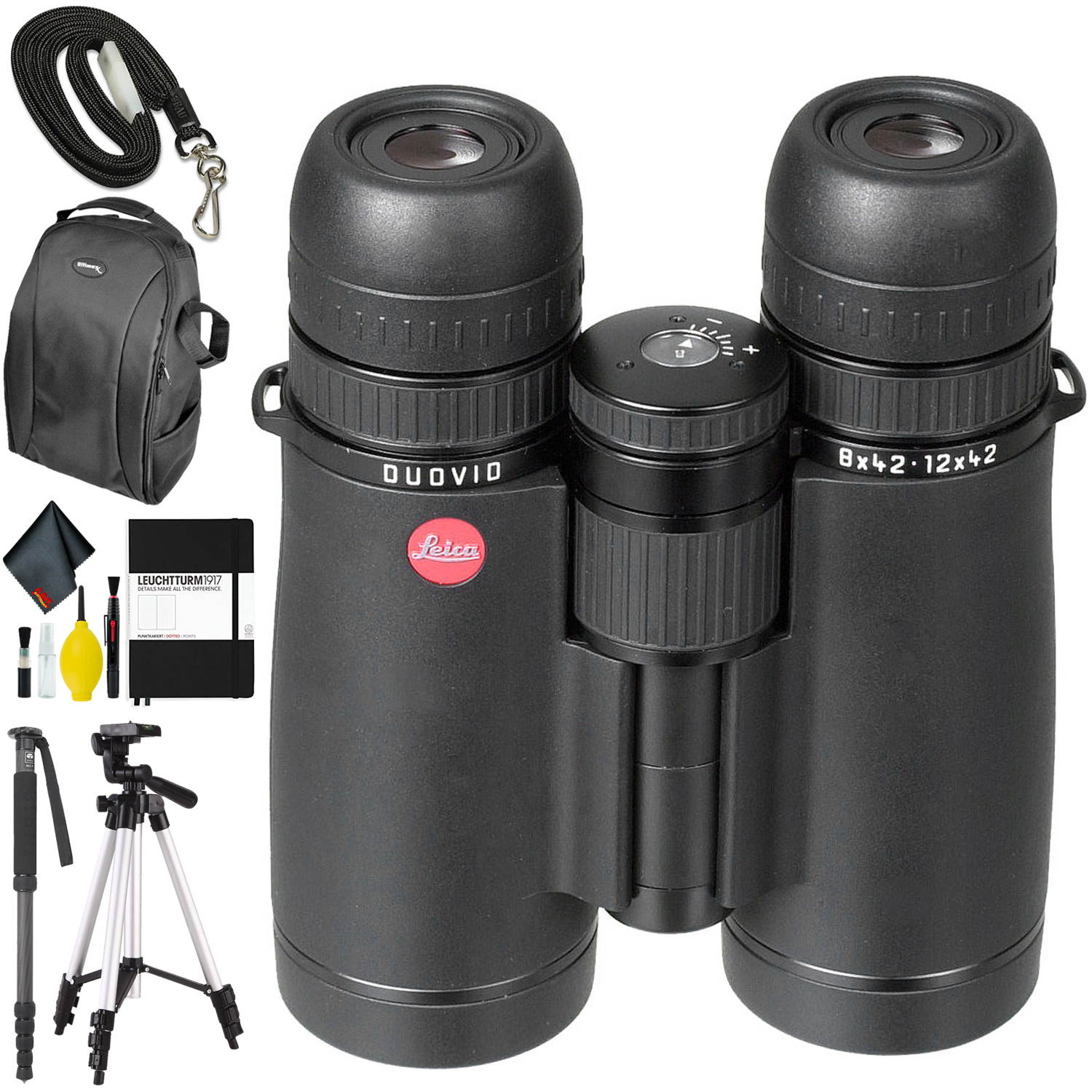 Leica 8/12X42 Duovid Binocular - Leuchtturm Book - Monopod70" - 72"Tripod - Pack