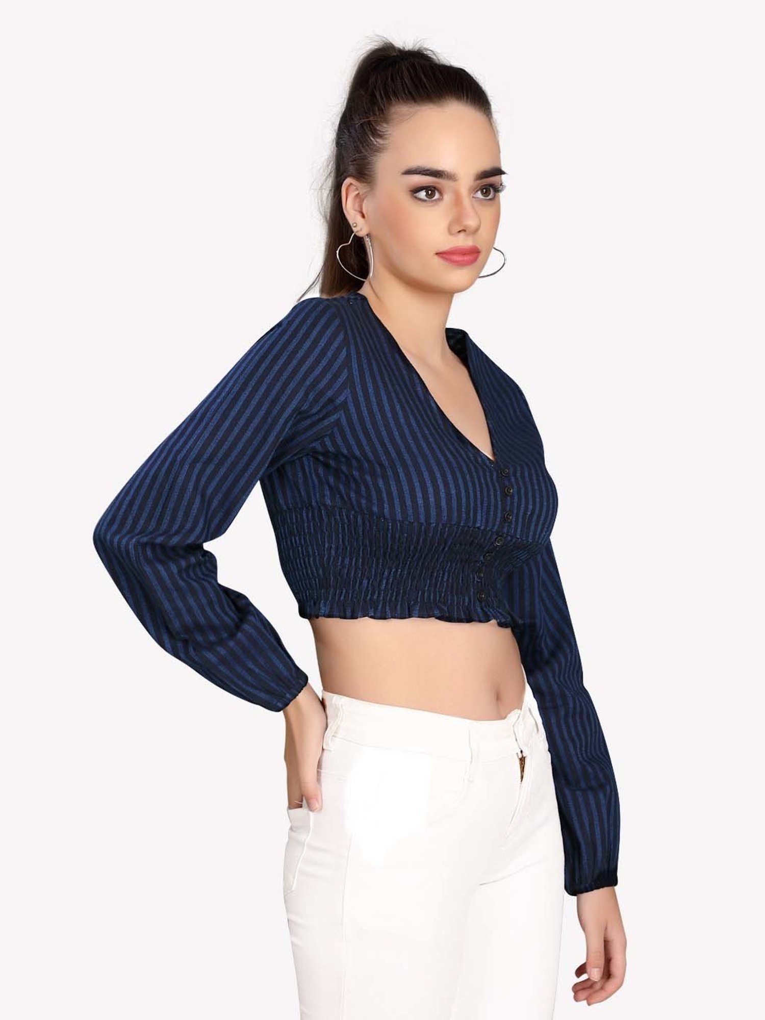 VASTRADO Blue & Black Cotton Striped Crop Top