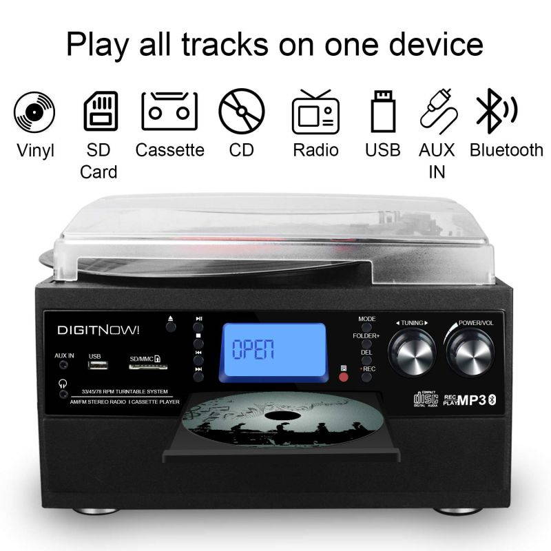 DIGITNOW Bluetooth Record Player Turntable with Stereo Speaker, LP Vinyl to MP3 Converter with CD, Cassette, Radio, Aux in and USB/SD Encoding, Remote Control