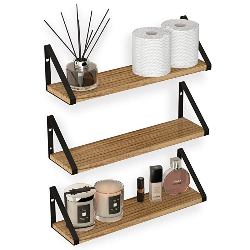 Ponza Floating Shelves Wall Mounted Set of 3 Laundry Room and Bathroom Storage Shelf Unit Natural Burned Rustic Wood Wall Decor with Metal Floating Shelf Bracket