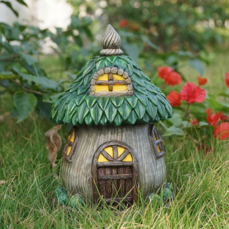 9.5" Polyresin Fairy Garden House with Leaf Covered Roof Brown/Green - Hi-Line Green