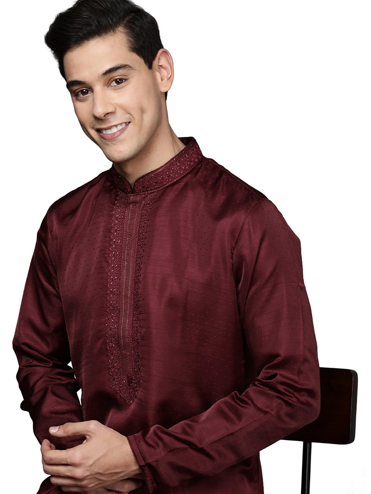 Manyavar Maroon & White Self Design Kurta & Churidar Set