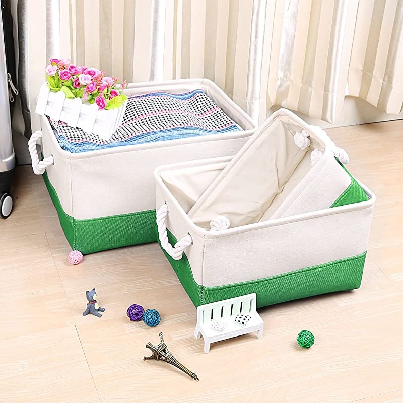 Collapsible Fabric Storage Basket Bins with Dual Handles, Foldable Toy Bins for Laundry Clothes Storage, Home Organizer for Bedroom Office Closet Shelves Green+White Small