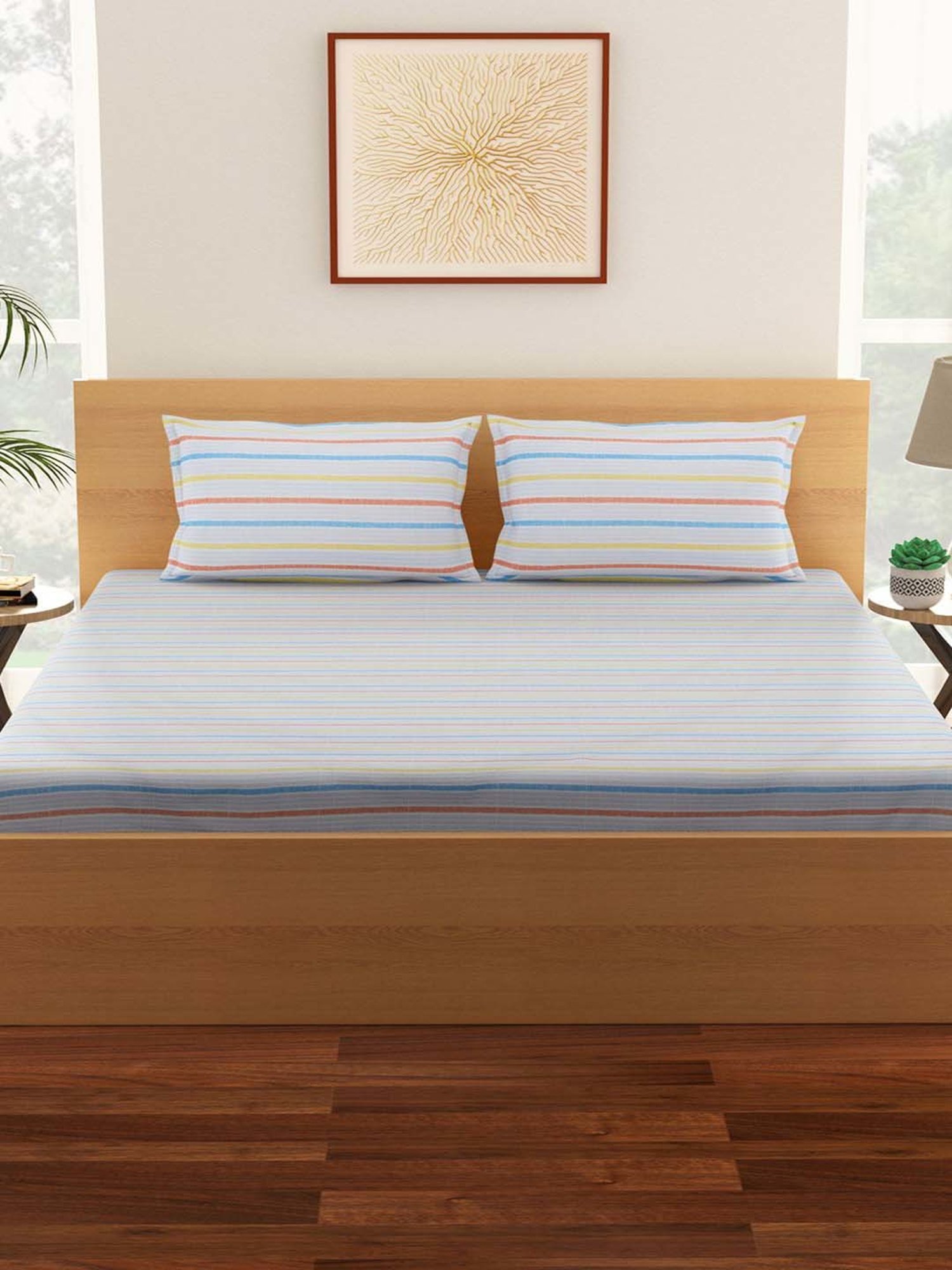 Living Scapes by Pantaloons Multicolor Blend 128 TC King Bed Sheet with 2 Pillow Covers