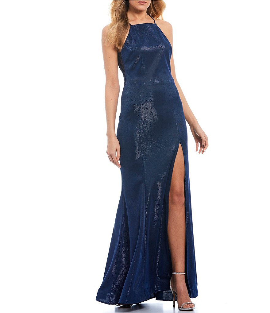 Teeze Me Spaghetti Strap Mock Neck High Side Slit Iridescent Shine Long Dress