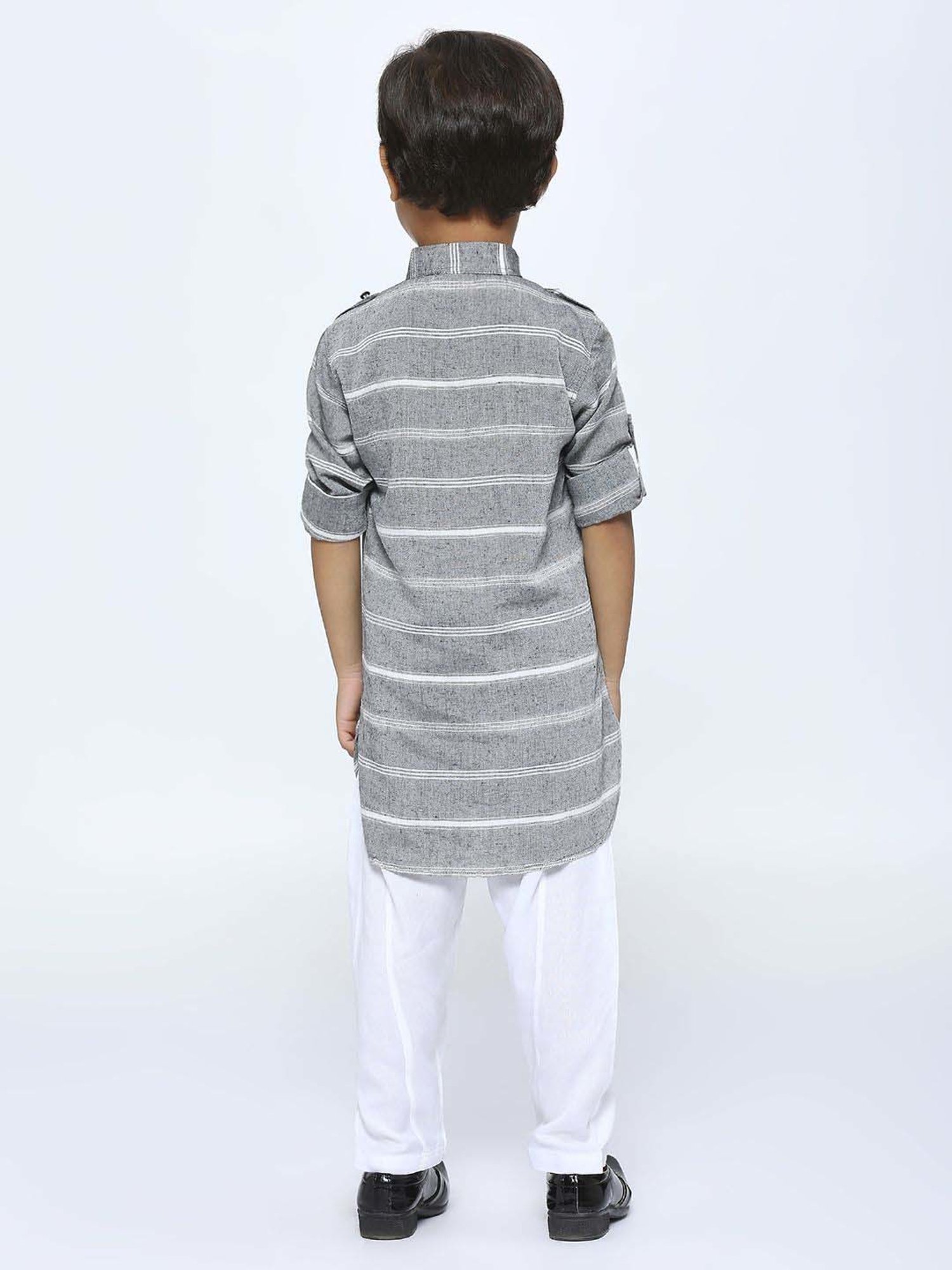 Kids Island Boys Grey & White Striped Full Sleeves Kurta Set