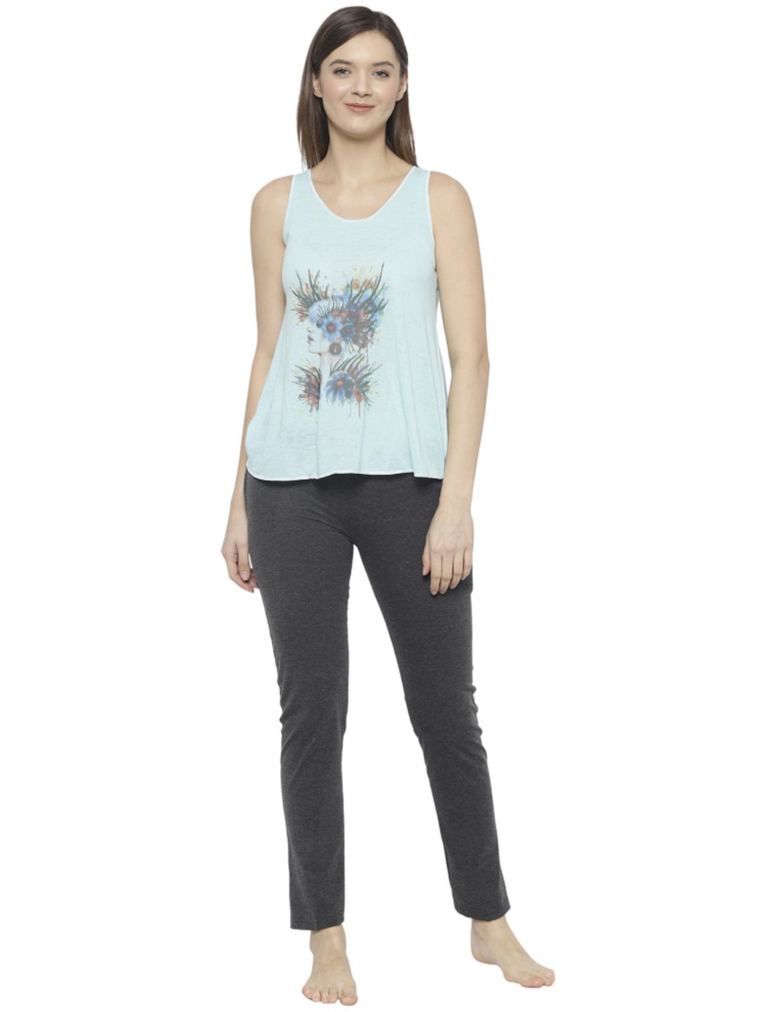 Vimal Jonney Green & Grey Cotton Printed Tank Top Track Pants Set