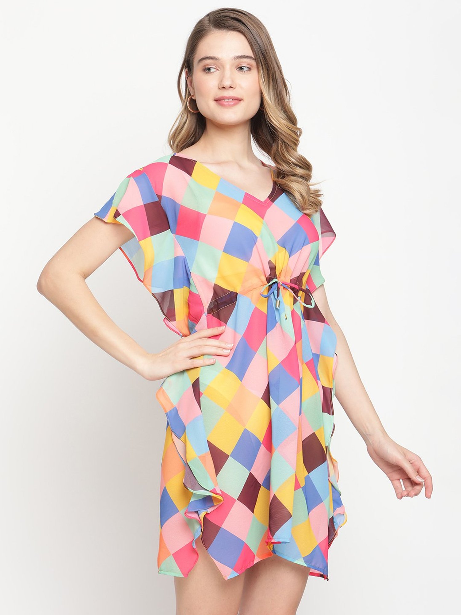 Erotissch Multicolored Chequered Beachwear Kaftan