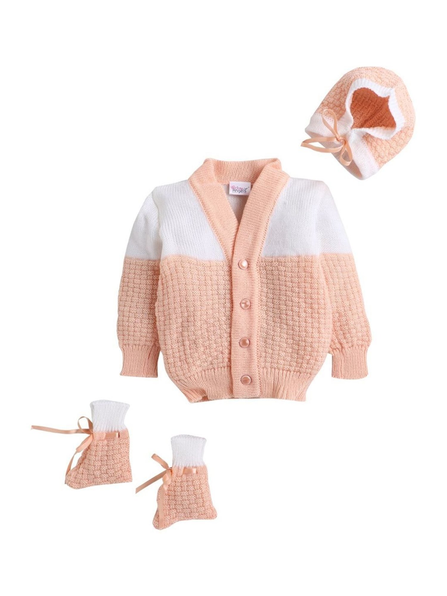 Little Angels Kids Beige & White Textured Pattern Full Sleeves Sweater Set
