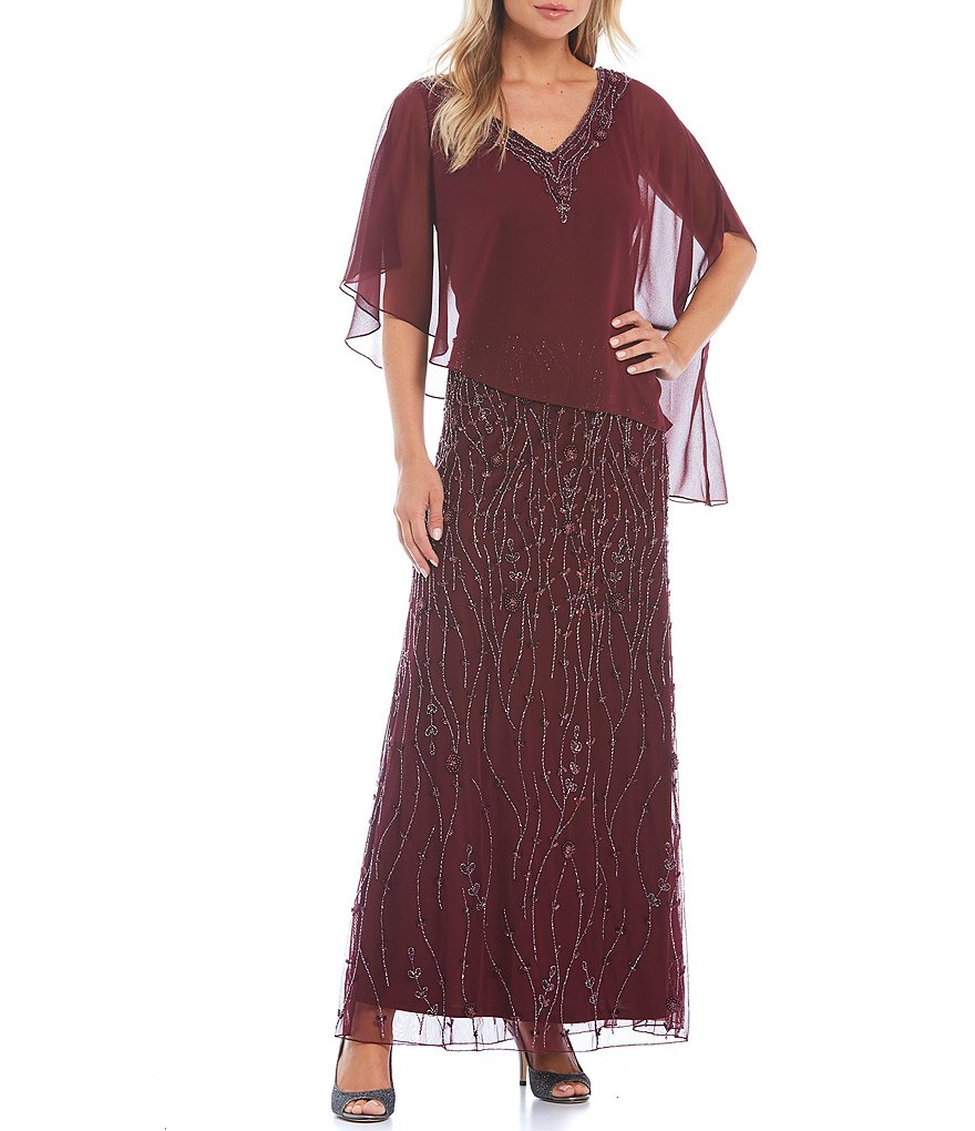 Jkara Chiffon Popover Beaded V-Neck 3/4 Capelet Sleeve Gown