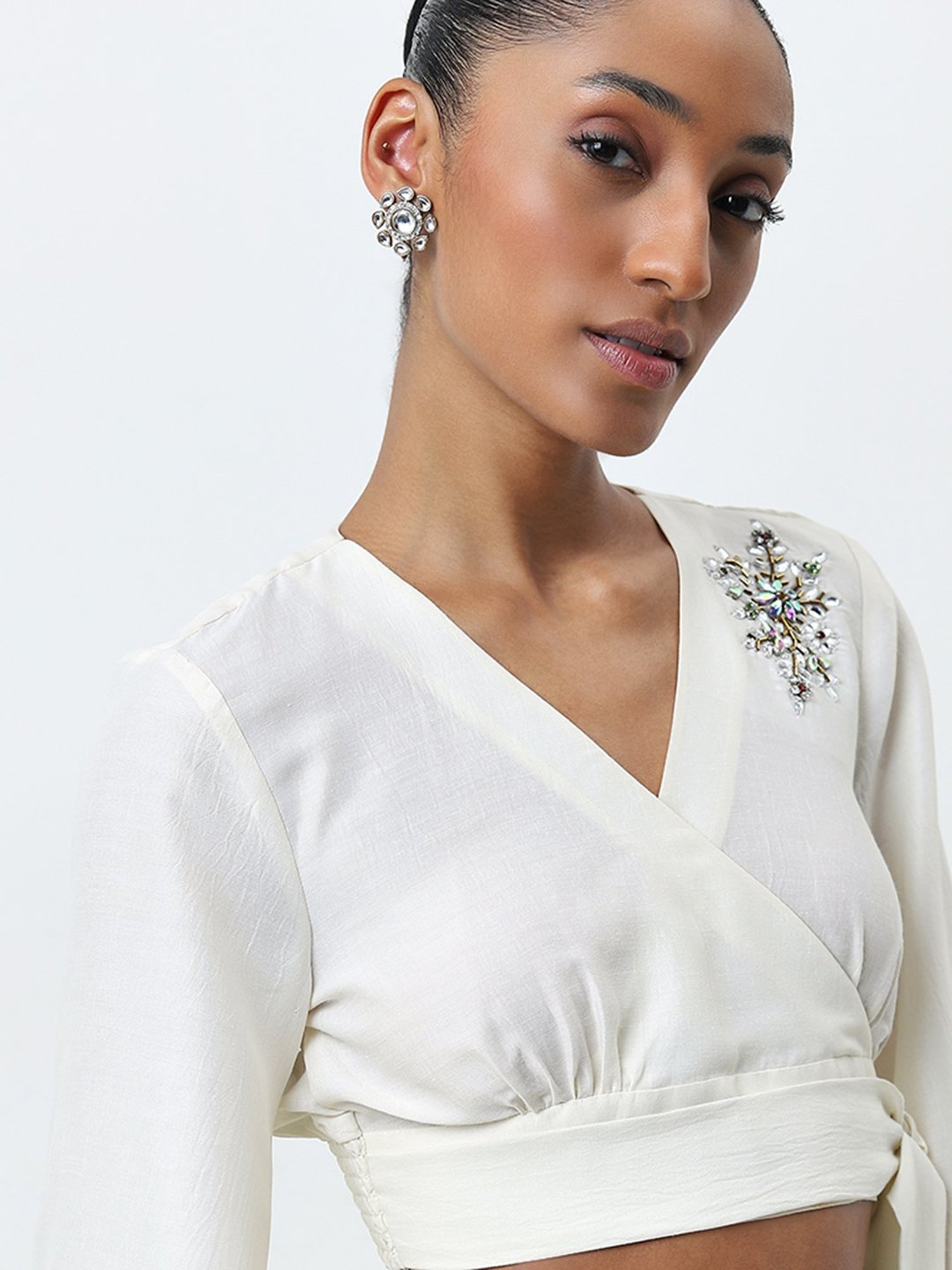 Vark by Westside Off-White Floral Embroidered Crop Blouse