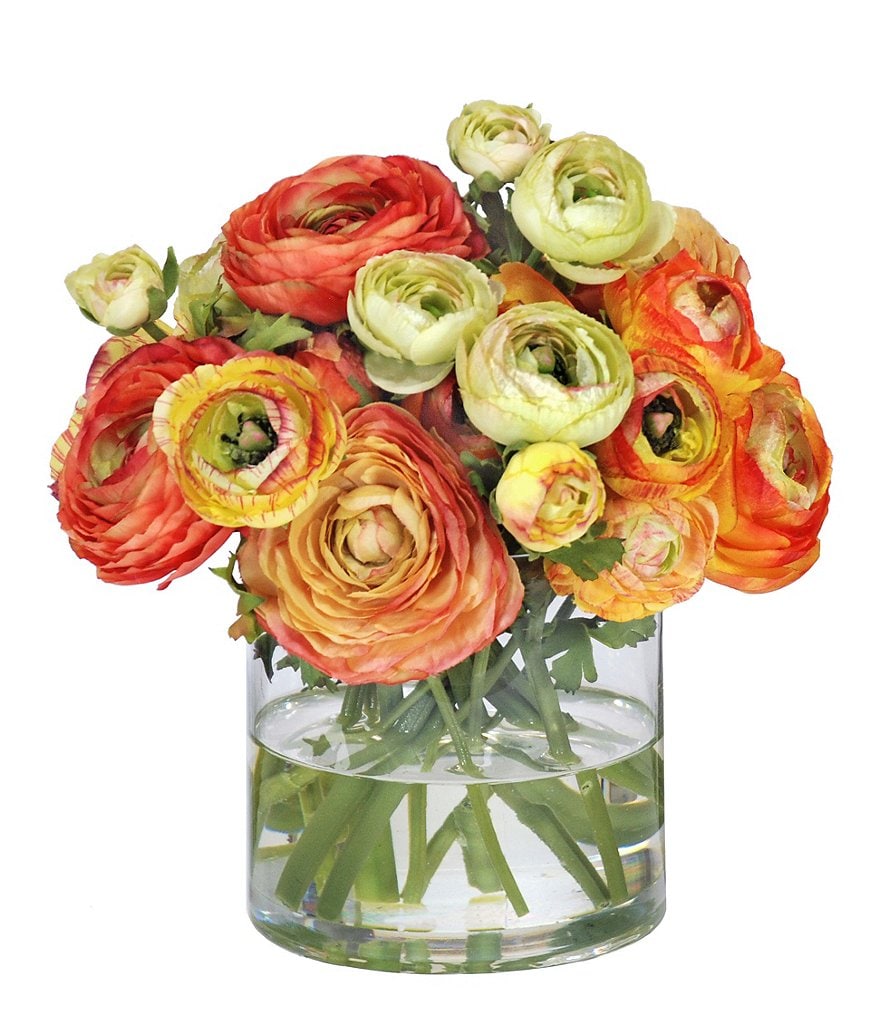 Winward Faux Flowers Mix Orange Ranunculus in Glass Vase