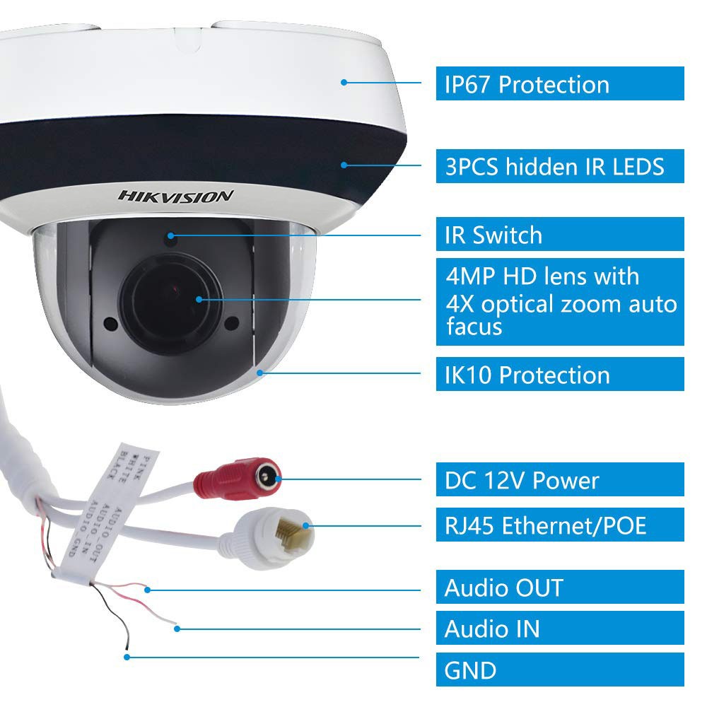 Hikvision 4MP HD PTZ Outdoor POE IP Camera DS-2DE2A404IW-DE3, Pan/Tilt/2.8mm~12mm 4X Optical Zoom, 4-Megapixel (2560x1440),Night Vision 20m,SD Card Recording,Audio Input Output IP66 IK10 H.265+, 1-Pcs
