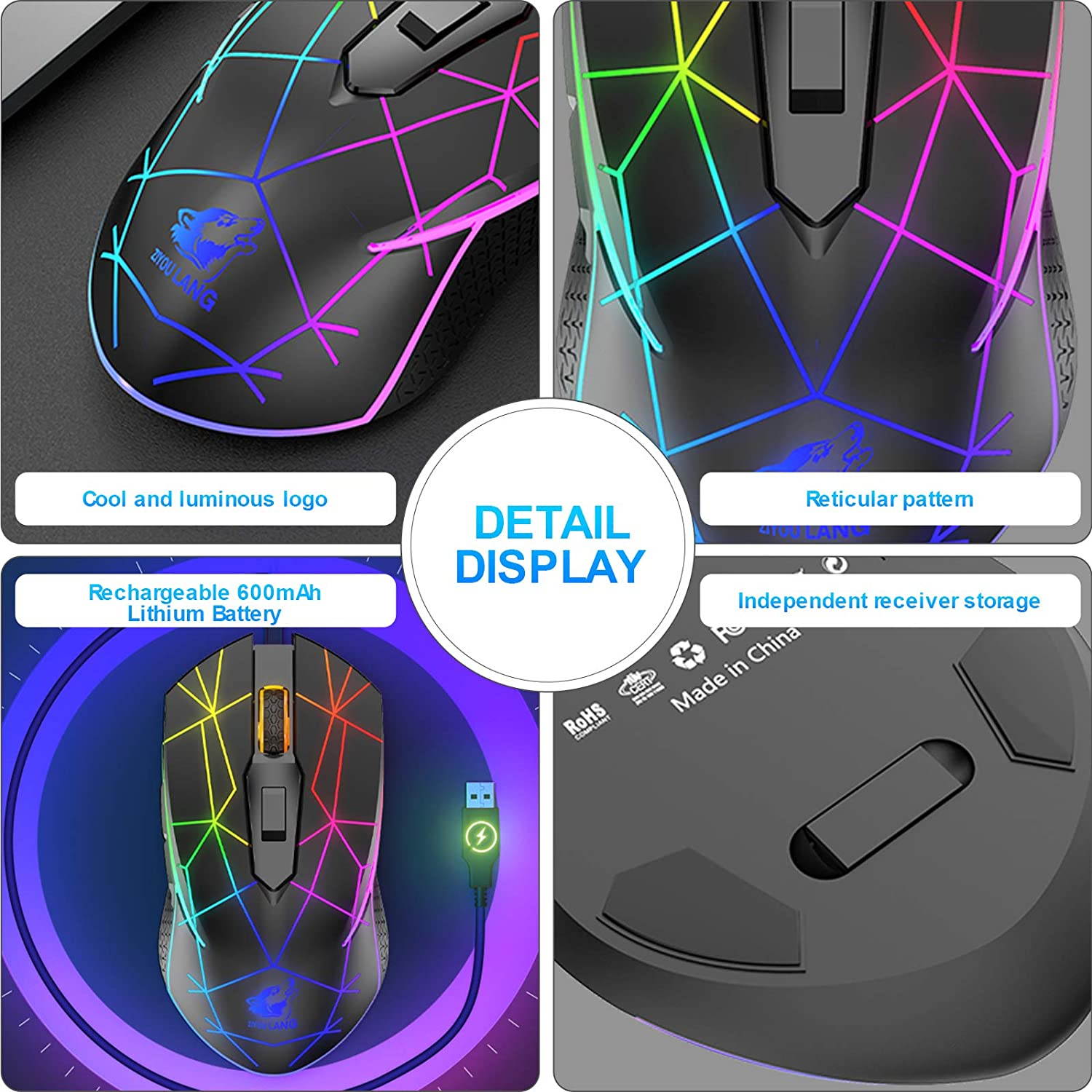 Wireless Gaming Mouse with 2.4Ghz USB Receiver Rainbow RGB Backlight Adjustable DPI Silent Click Rechargeable Ergonomic 6 Buttons Gaming Mouse for Computer Laptop PC Mac Gamer Office Use