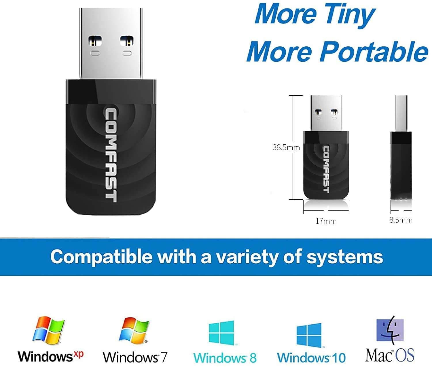 WiFi Adapter,5GHz WiFi Dongle USB 3.0 1300Mbps Dual Band 2.4GHz 5GHz Mini Wireless Network USB Wifi Adapter for PC Desktop Laptop, Support Windows XP/7/8/8.1/10, MacOS 10.9-10.14