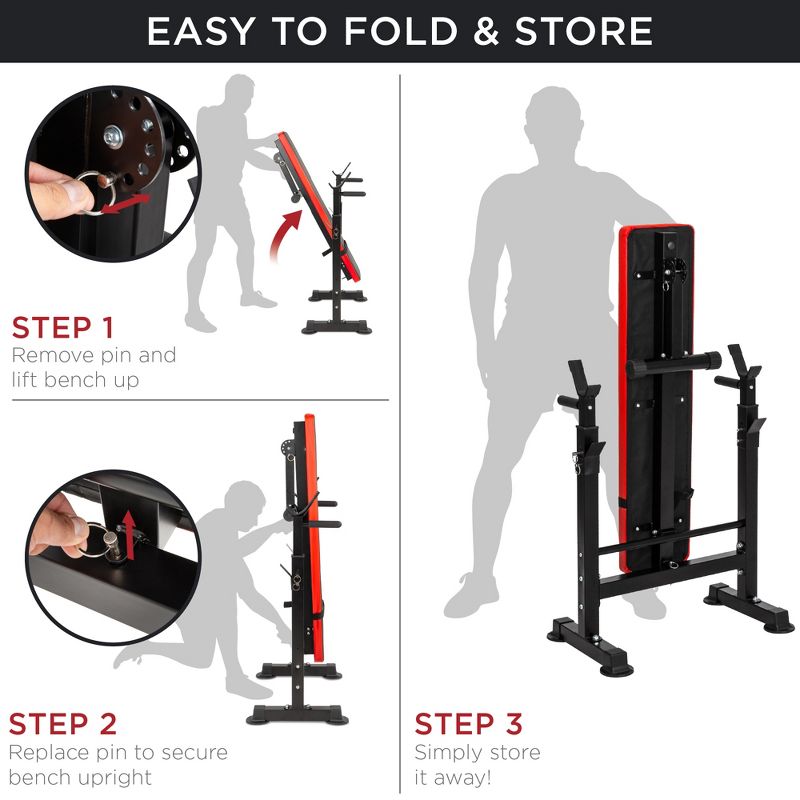 Best Choice Products Adjustable Folding Fitness Barbell Rack & Weight Bench for Home Gym, Strength Training - Black/Red