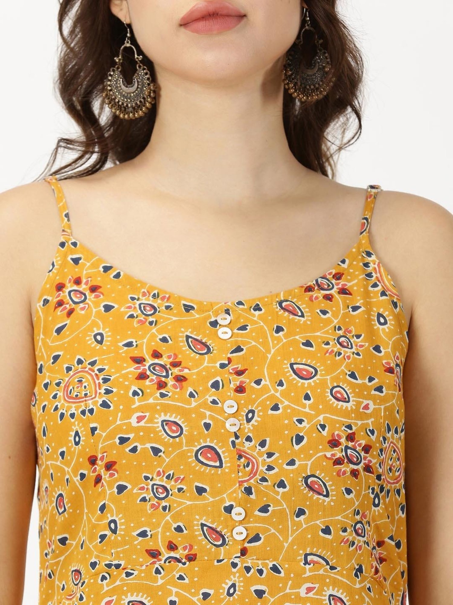 Saffron Threads Mustard Cotton Printed Ethnic Dress