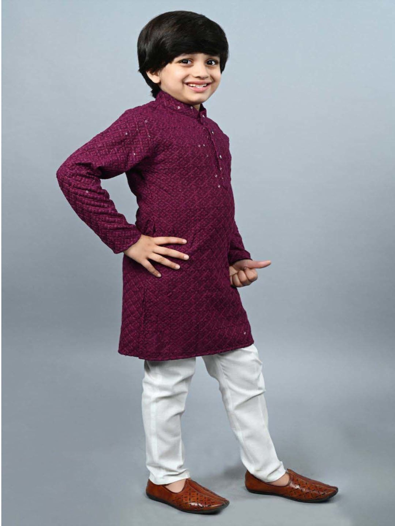 Ahhaaaa Kids Purple & White Cotton Embroidered Full Sleeves Kurta Set