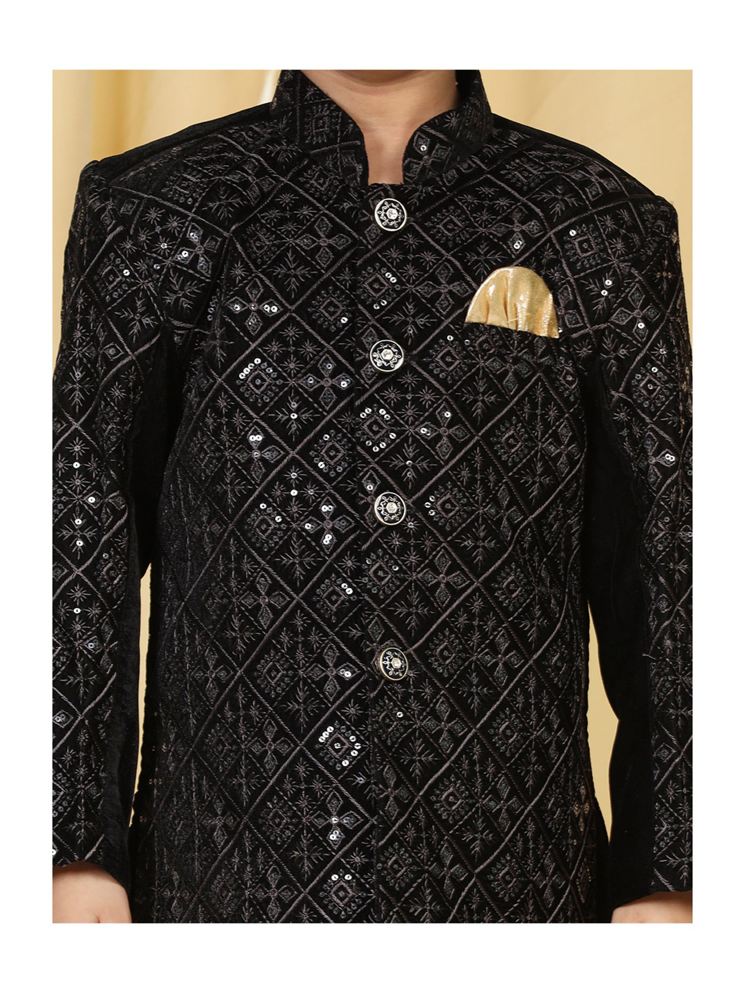 AJ Dezines Kids Black Embellished Full Sleeves Sherwani with Pants