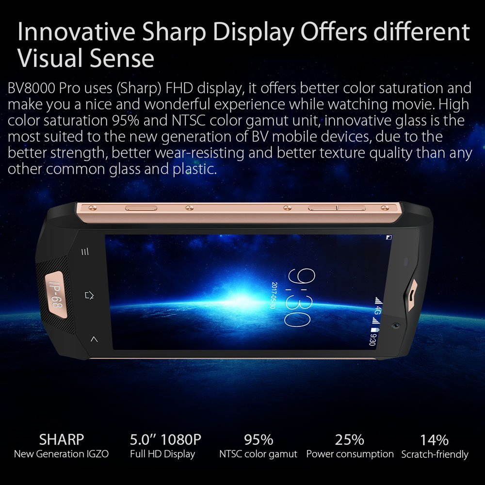 Blackview BV8000 Pro Unlocked International Rugged IP68 Waterproof Dual Sim 6GB Ram 64GB Rom 8.0MP+16.0MP DUAL Samsung Camera 5.0" FHD Android7.0 4180mAh  Battery 9V 2A Fingerprint GPS 4G+ Smartphone