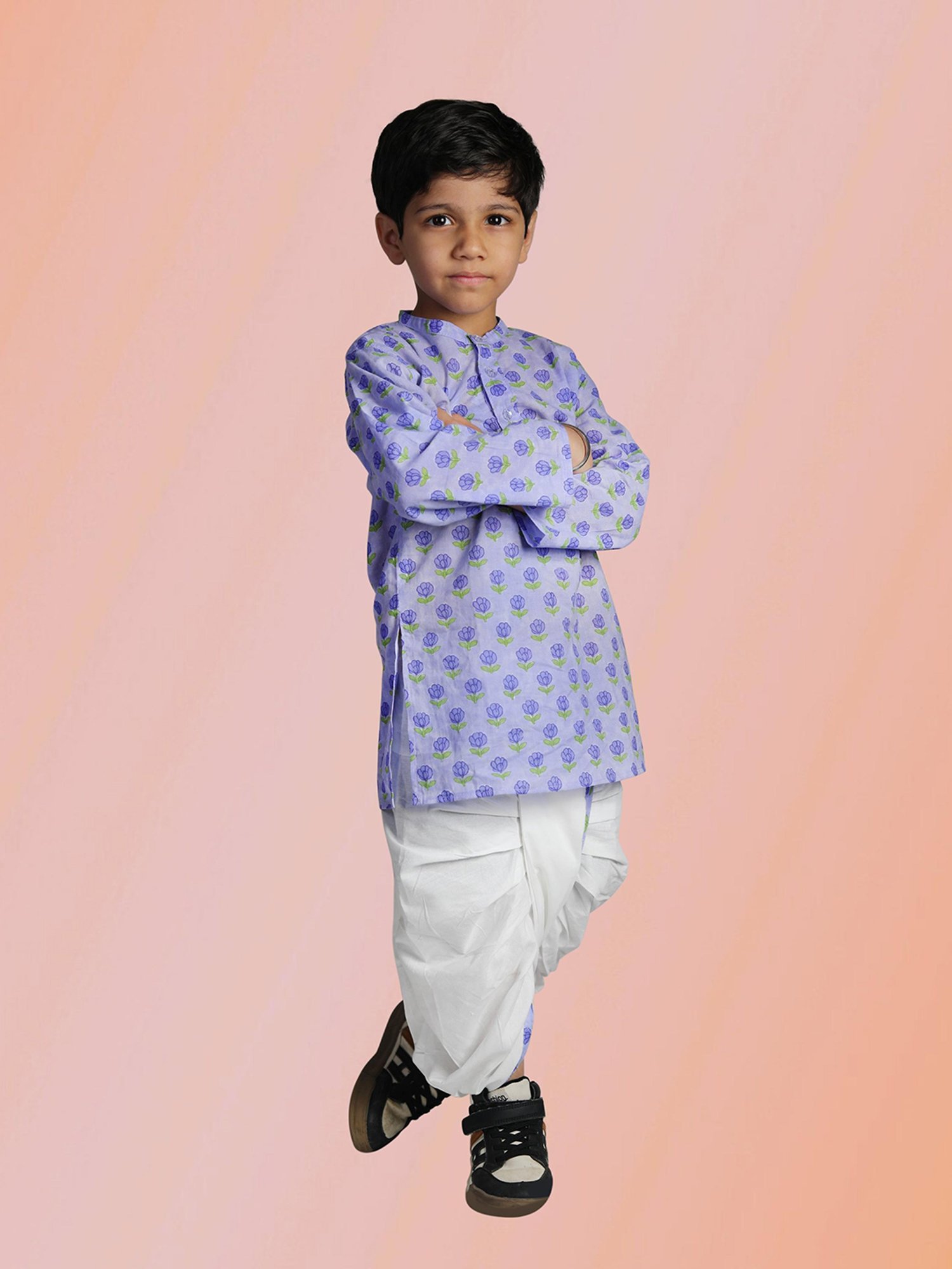 Tippy Top Kids Purple & White Floral Print Full Sleeves Kurta with Dhoti