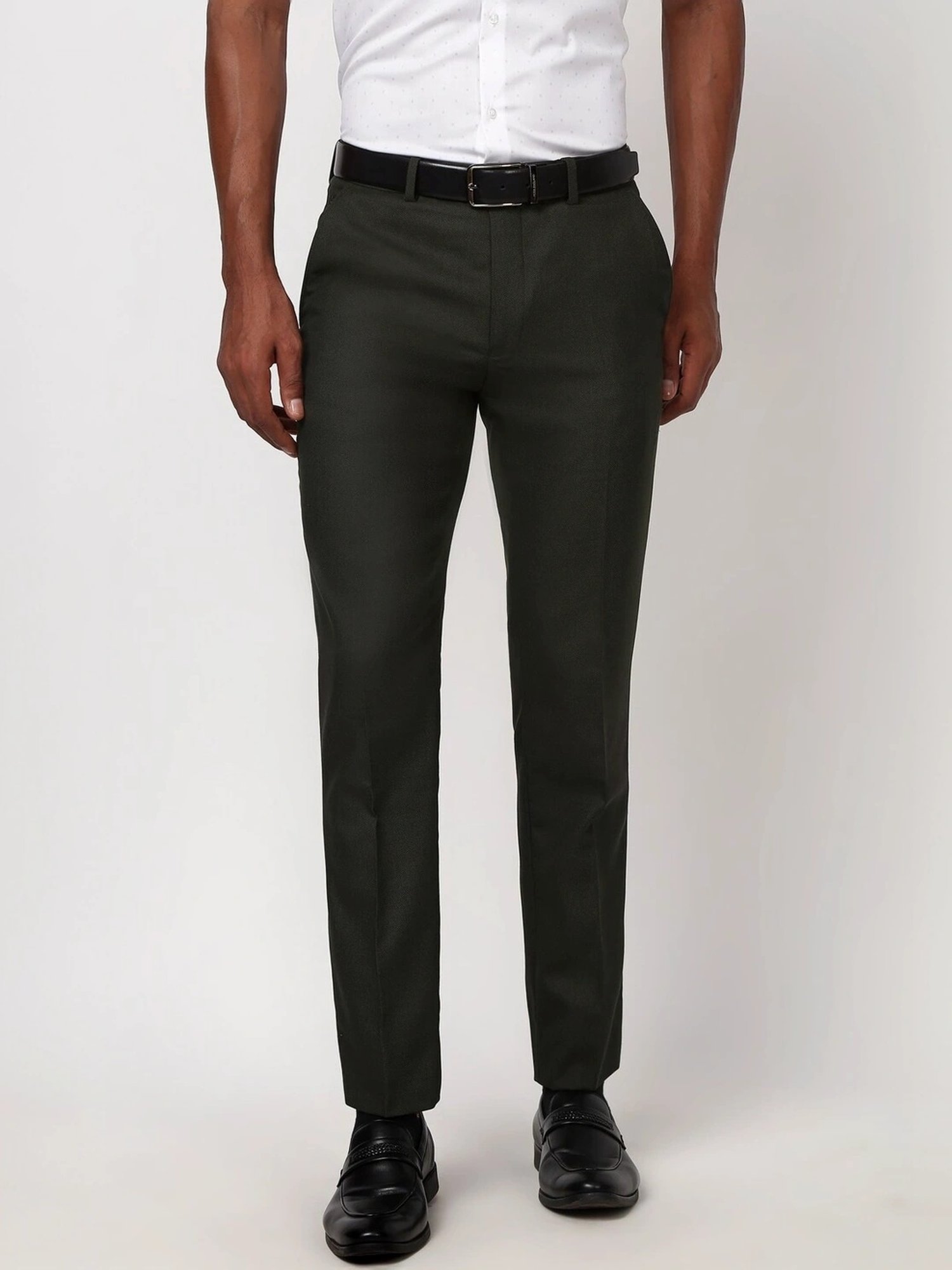 Peter England Olive Slim Fit Self Pattern Trousers