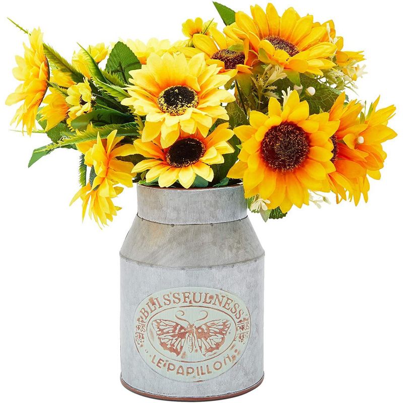 Farmlyn Creek Rustic Galvanized Metal Milk Can Planter, Farmhouse Flower Vase (5.5 x 8 x 4.3 in)