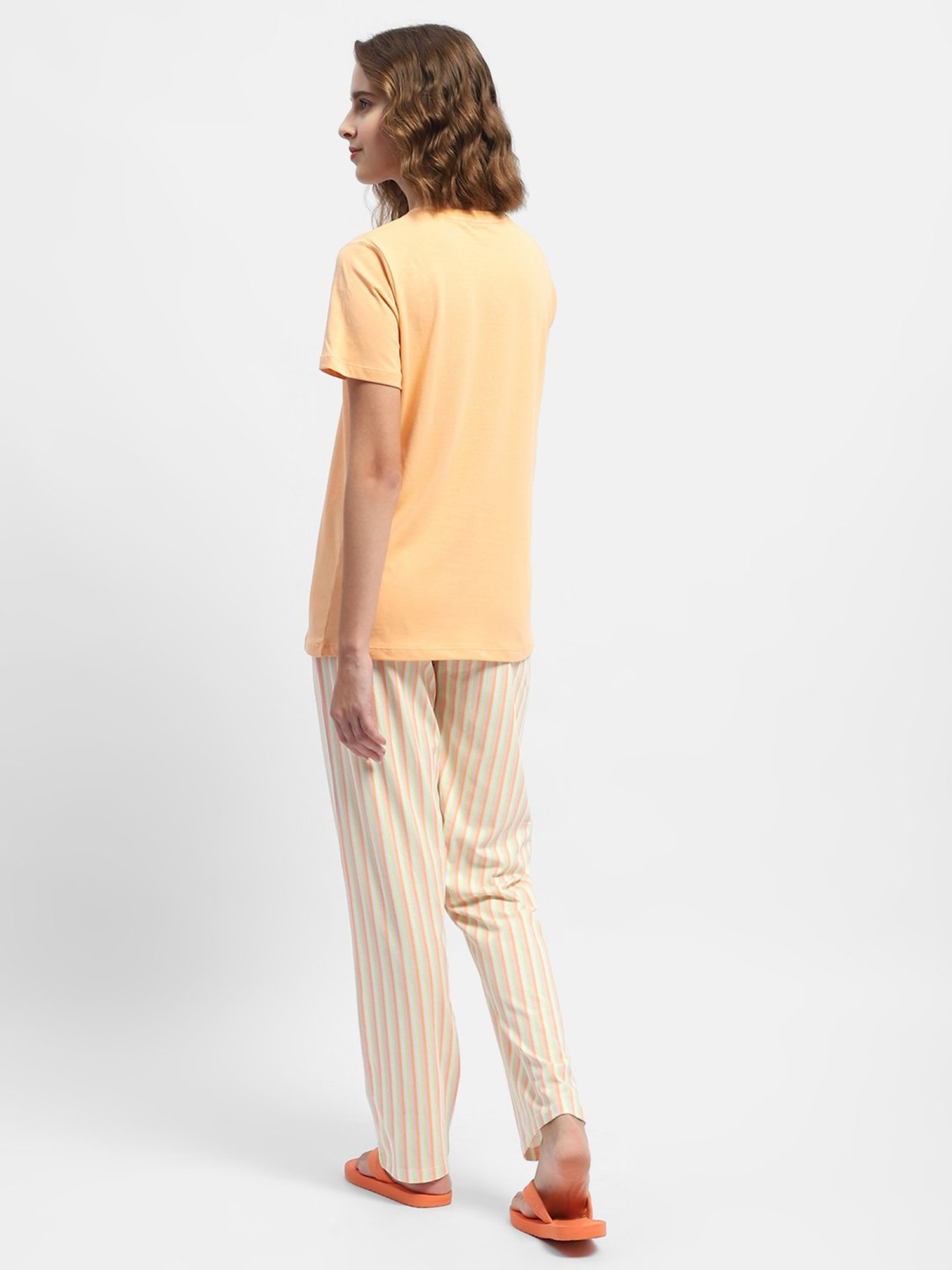 MADAME M Secret Orange Cotton Striped T-Shirt With Pyjamas