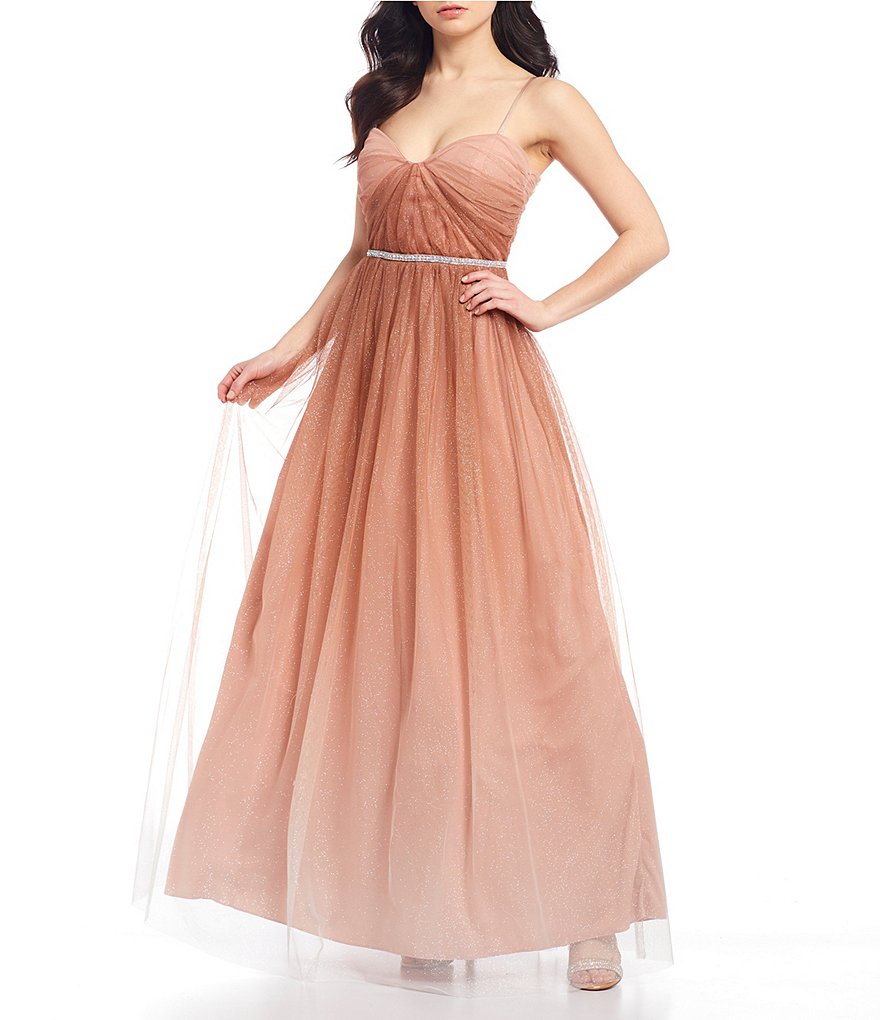 Teeze Me Spaghetti Strap Notch Square-Neck Lace-Up Back Ombre Beaded Waist Mesh Ball Gown