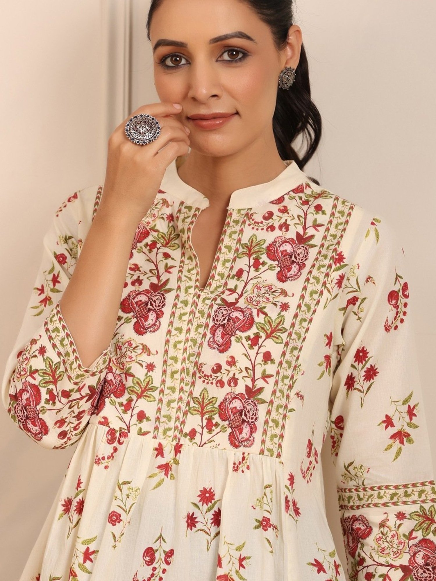 Rain and Rainbow Cream & Pink Cotton Printed Top