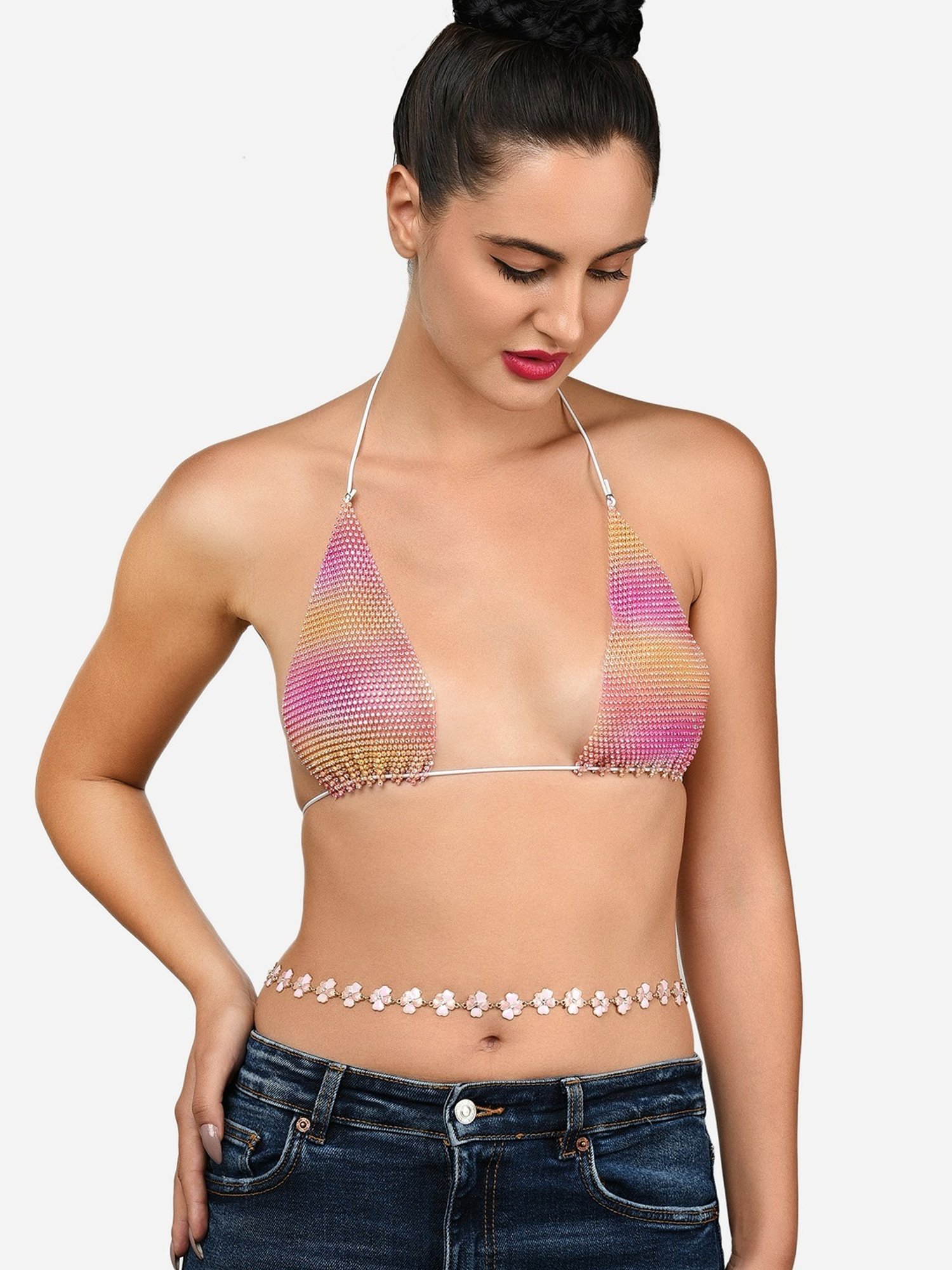 Zaveri Pearls Pink Enamel Flowers Contemporary Kamarbandh-ZPFK16005