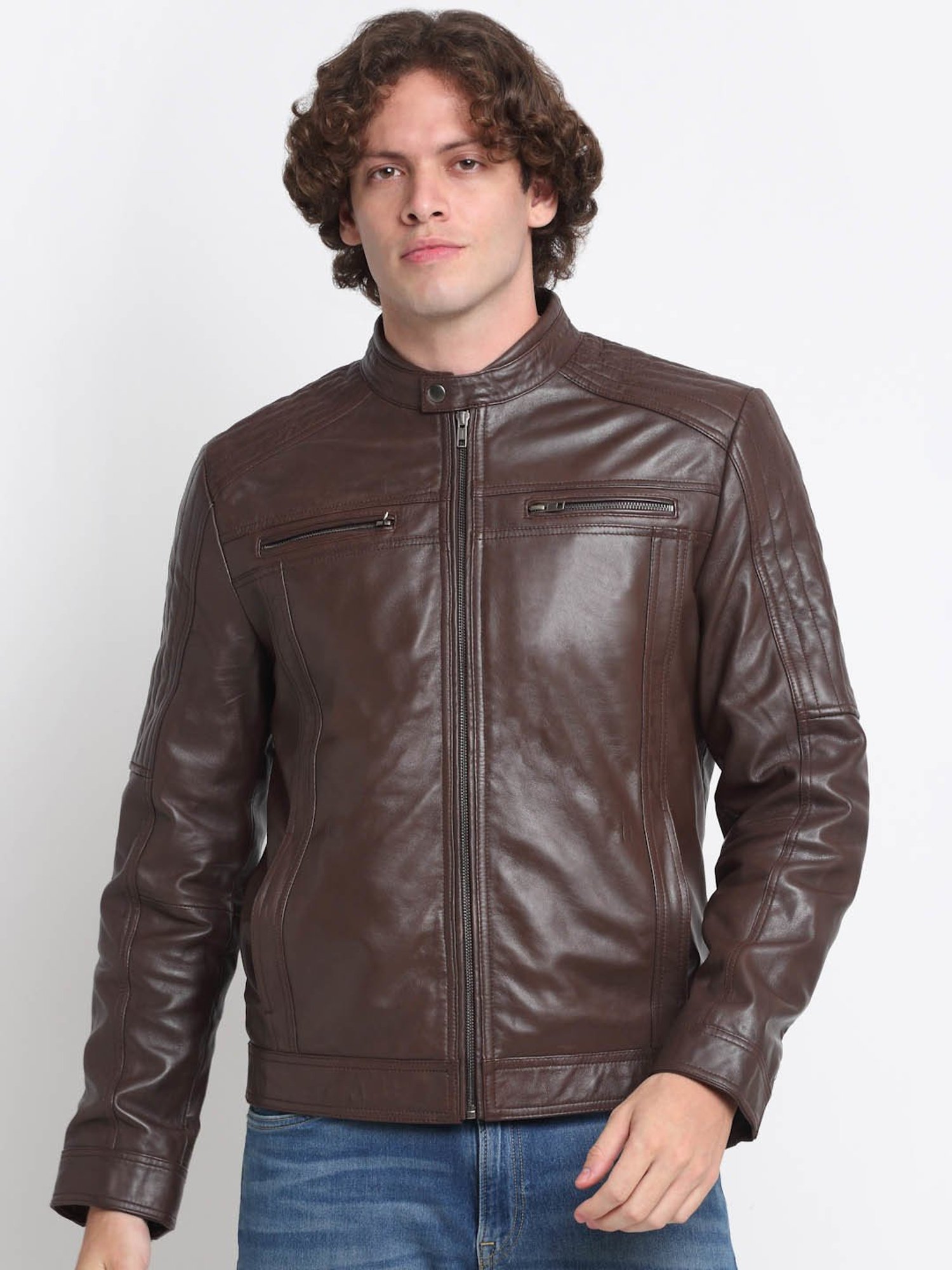 Teakwood Leathers Brown Mandarin Collar Leather Jacket