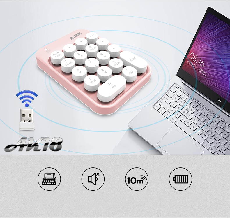 Ajazz AK18 2.4G Wireless Numeric Keypad 18-Key Retro Typewriter Round Keycap - White