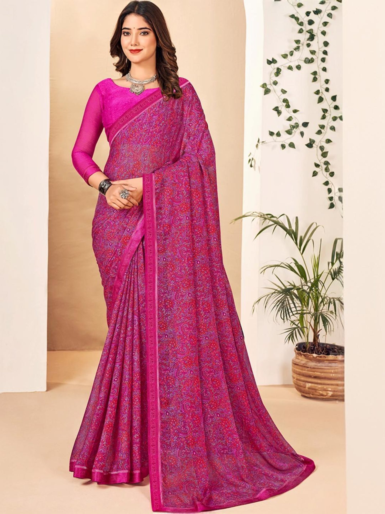 Satrani Purple Printed Saree With Unstitched Blouse