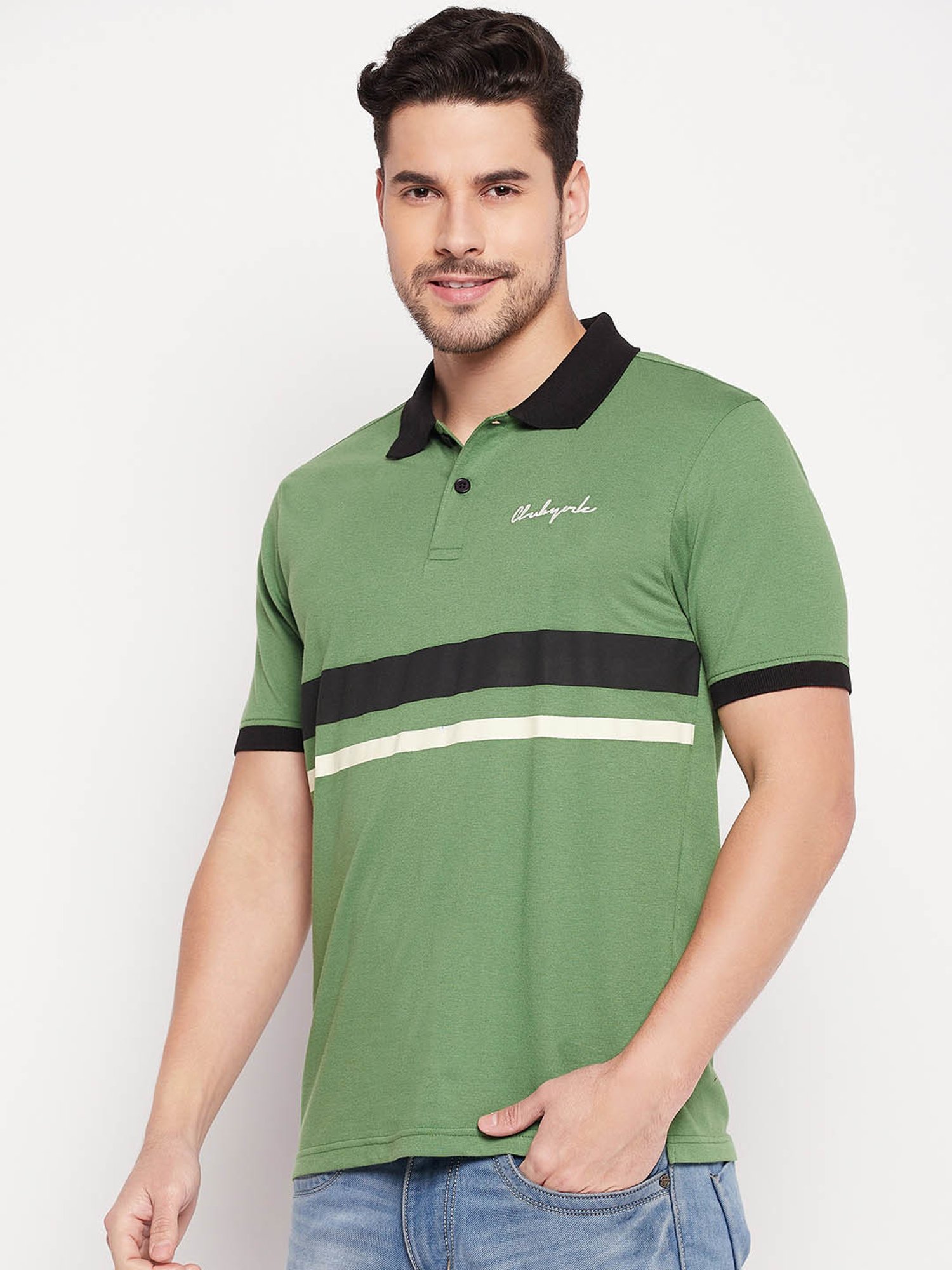 Club York Green Regular Fit Striped Polo T-Shirt