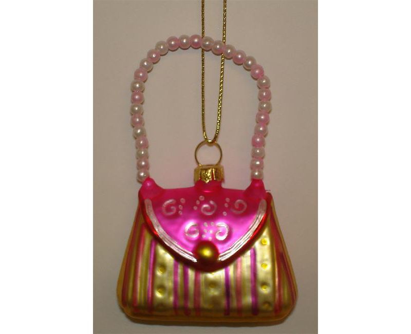 Kurt S. Adler Fashion Avenue Yellow Stripe Glass Stylish Lady Purse Handbag Christmas Ornament