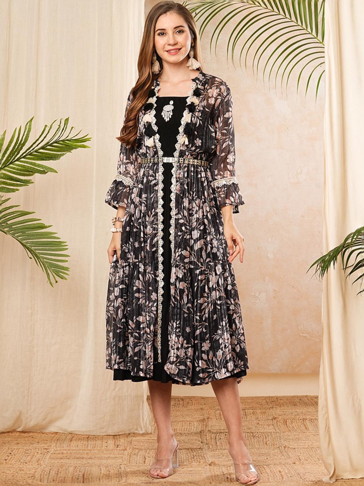 Fashor Black Printed A-Line Dress With Jacket