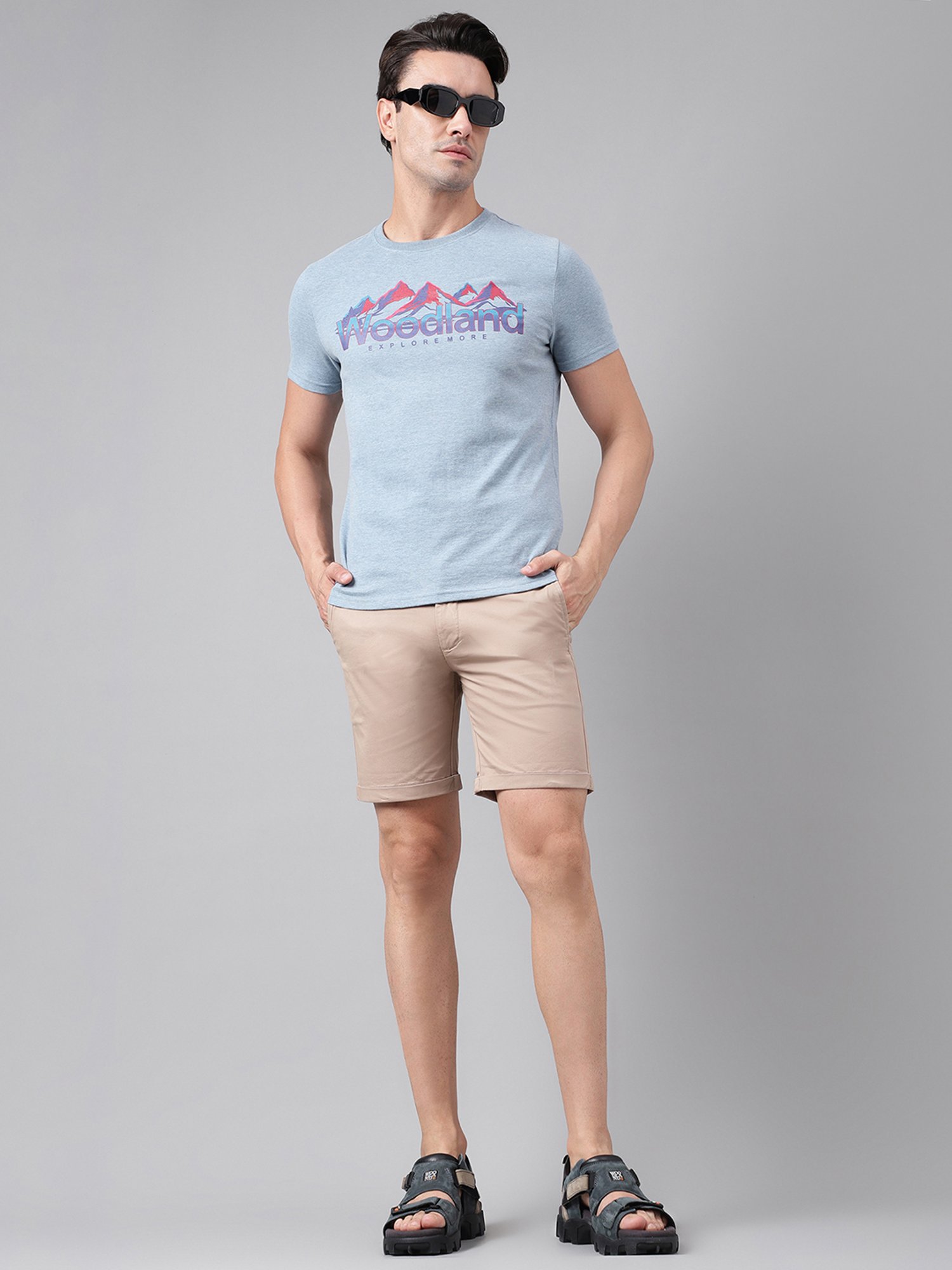 Woodland Blue Melange Regular Fit Printed Crew T-Shirt