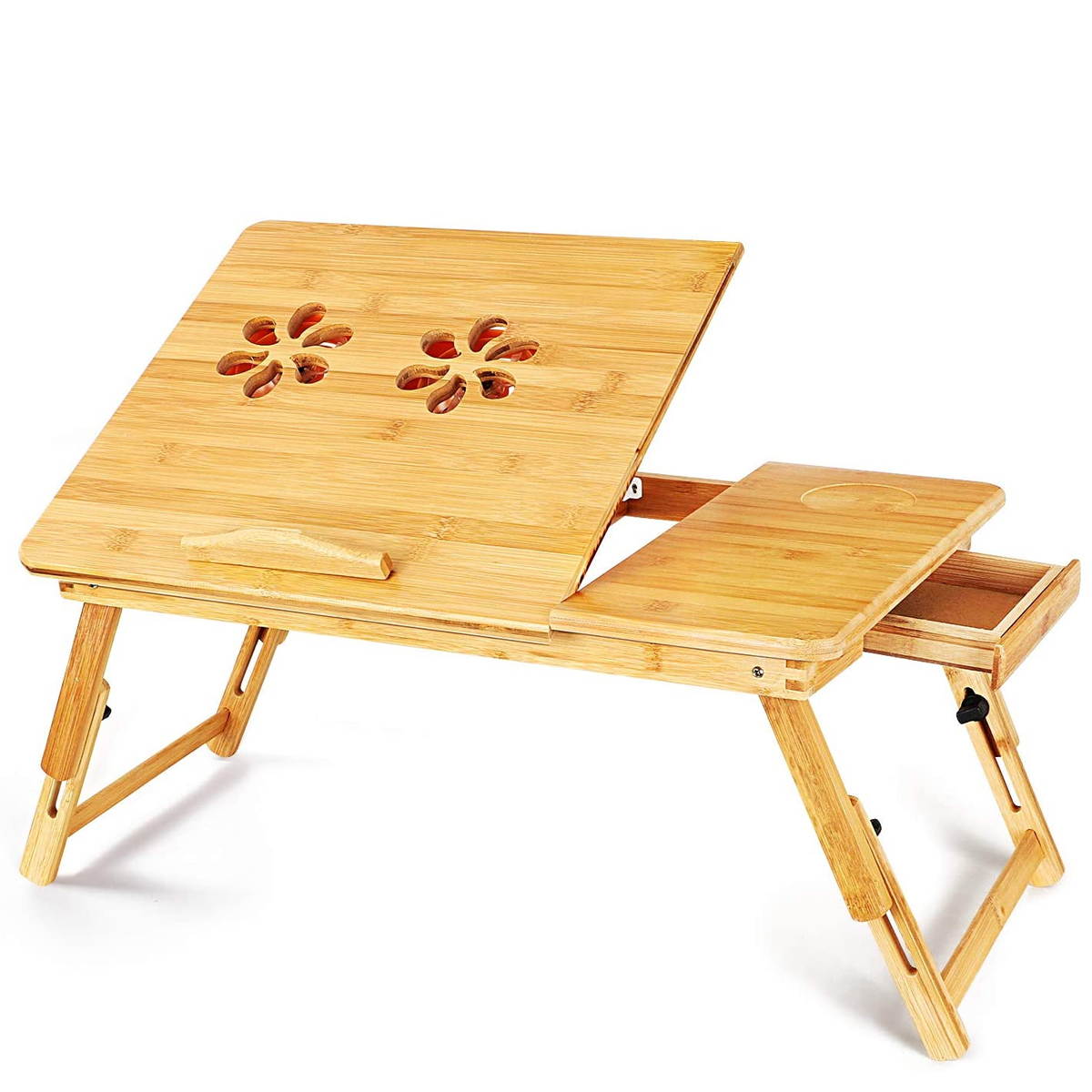 Adjustable Folding Bamboo Laptop Lap Bed Stand Table Desk Tray W/ Drawer (With 2 Fans)