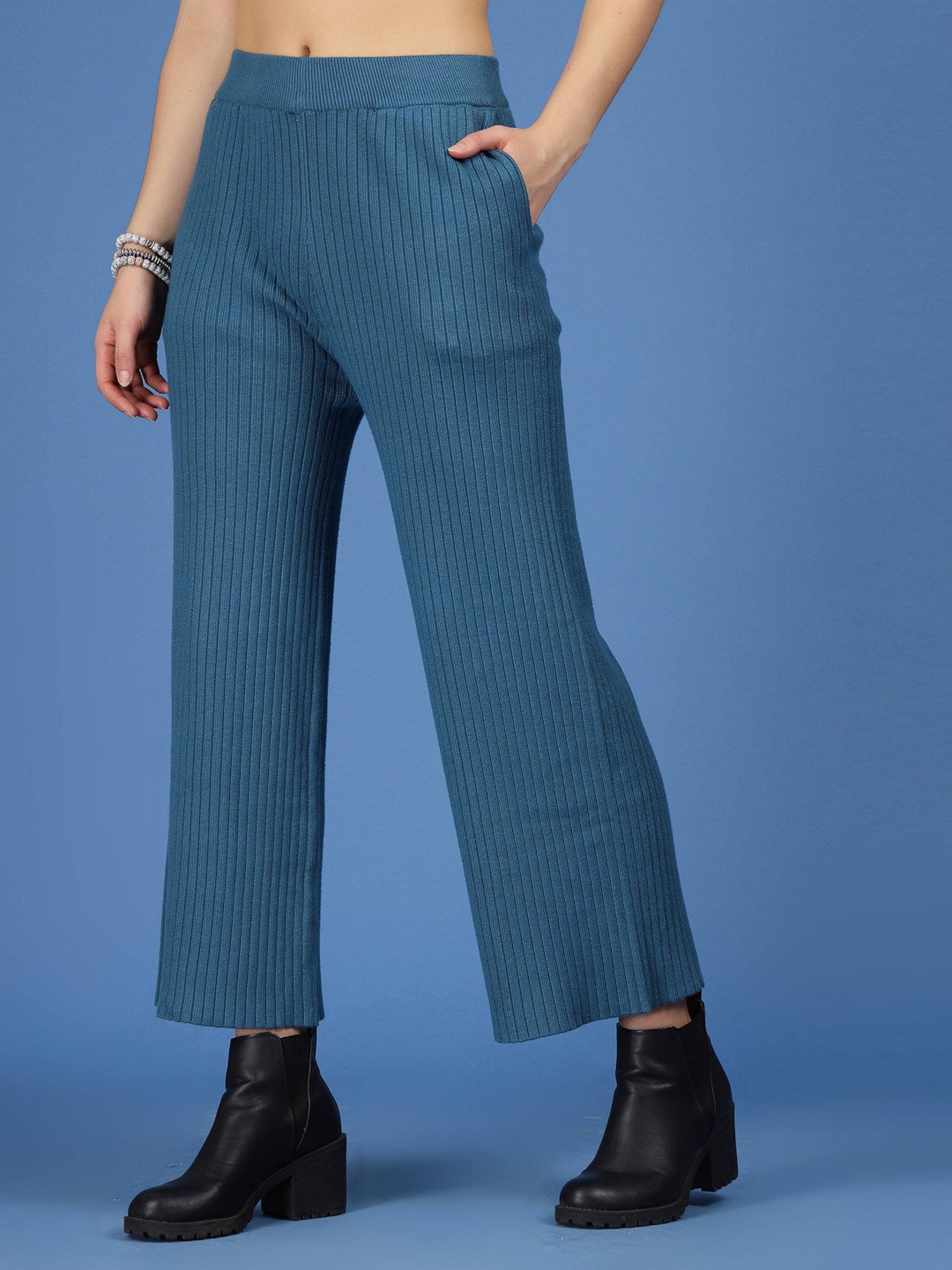 Mafadeny Teal Regular Fit Mid Rise Palazzos