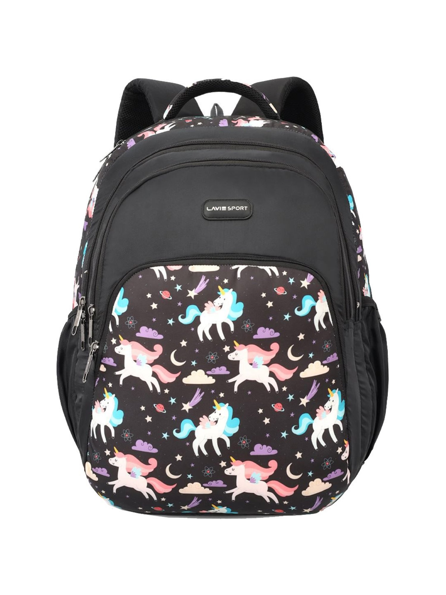 Lavie Sport Unicorn Star 39L Printed School Backpack with Rain cover for Girls (Black)
