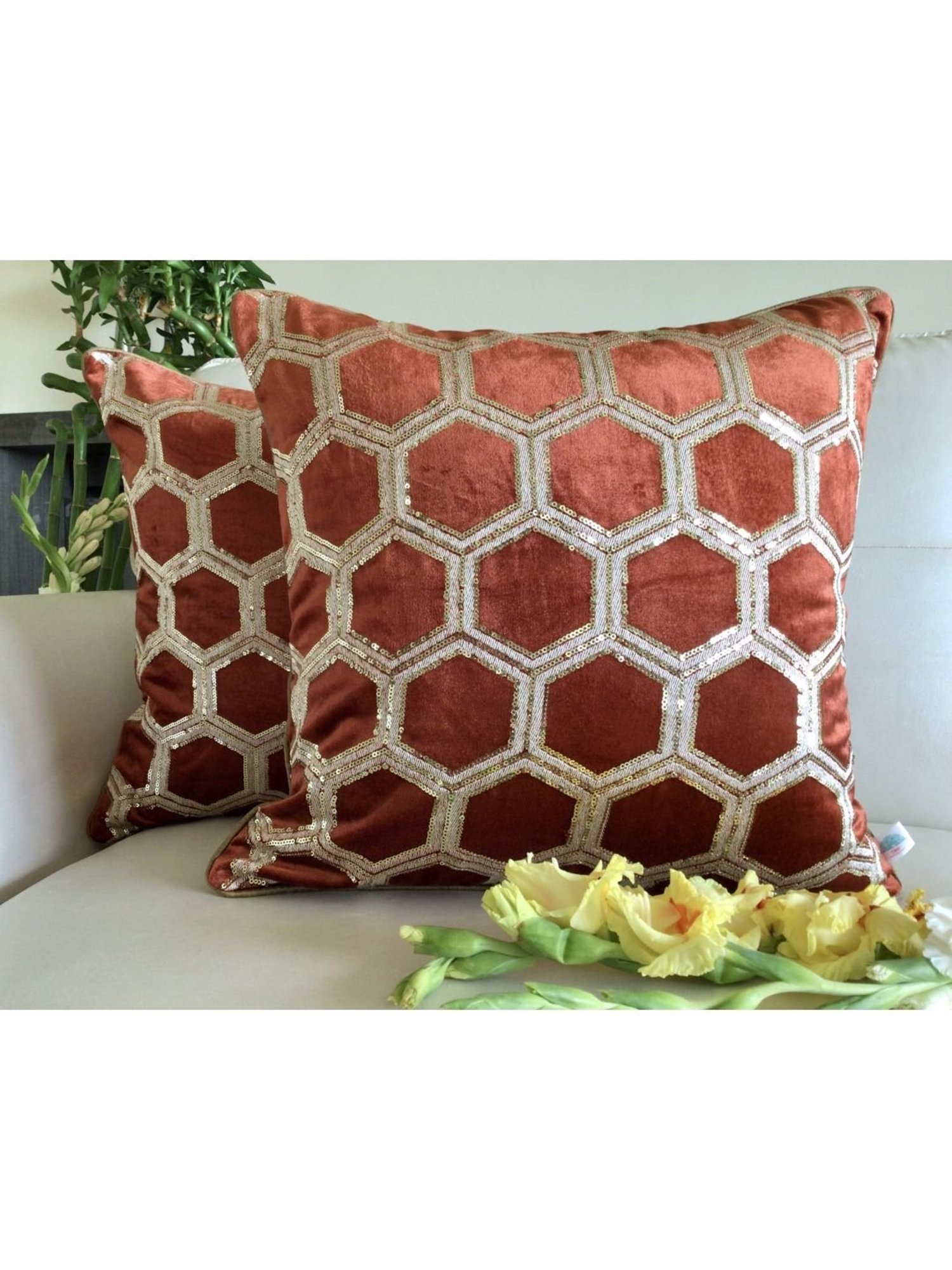 TARA Sparkling Homes Orange Embroidered Luxury Velvet Cushion Cover - Set of 1