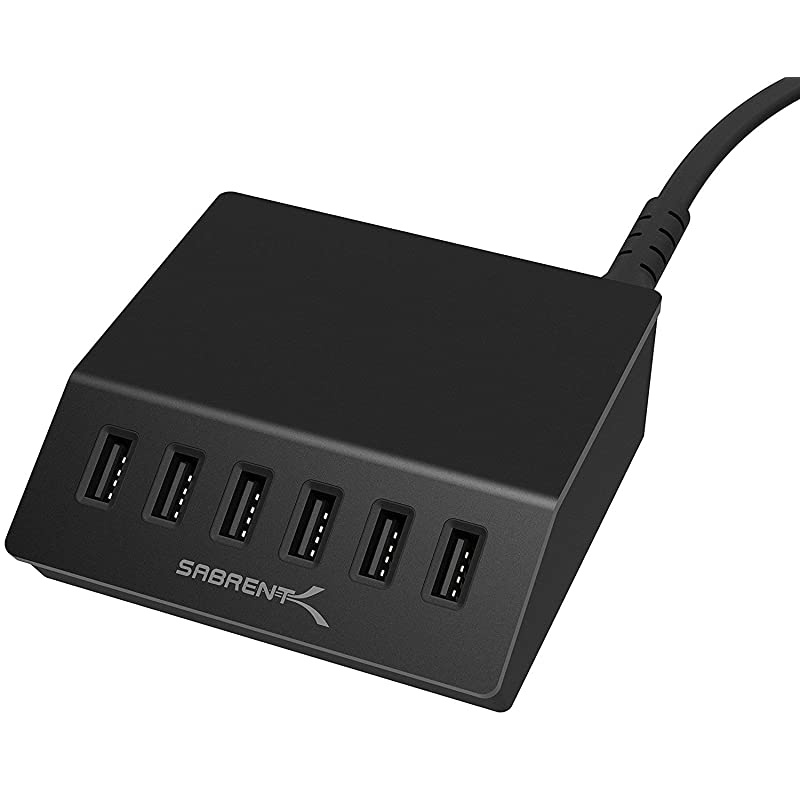 Premium 60 Watt 12 Amp 6Port Aluminum FamilySized Desktop USB Rapid Charger Smart USB Charger with Auto Detect Technology Black AXFLCHB