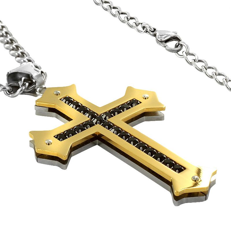 Men's Crucible Gold Plated Stainless Steel Black Cubic Zirconia Cross Necklace