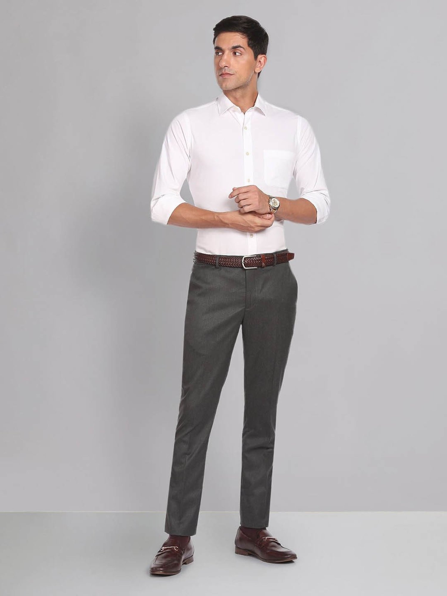 AD by Arvind Grey Slim Fit Flat Front Trousers