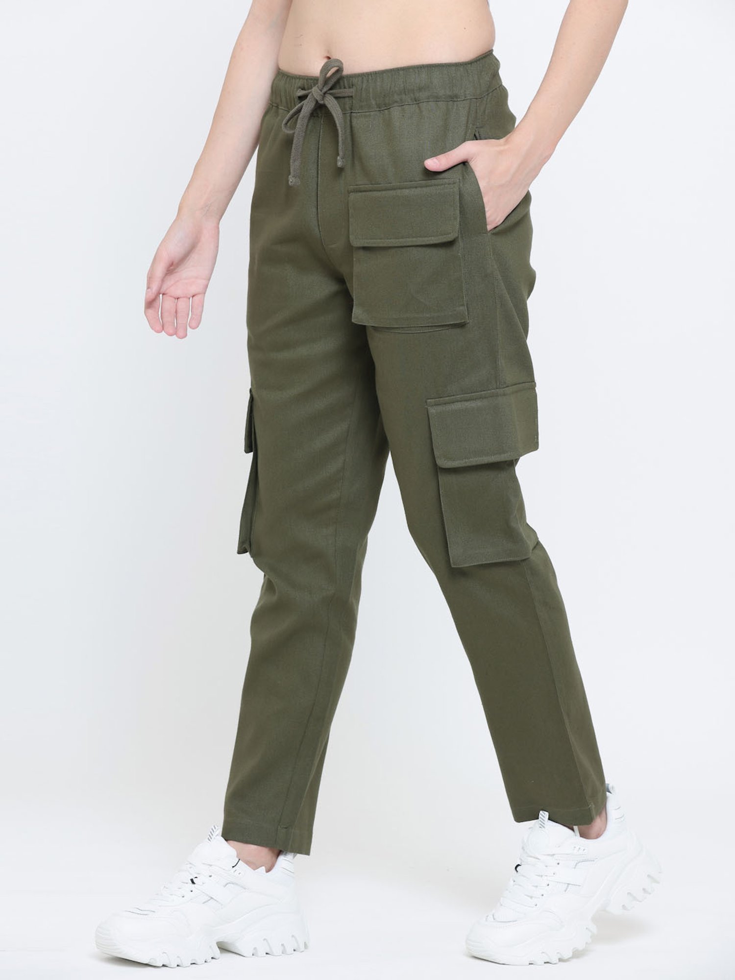EVERDION Olive Cotton Regular Fit Mid Rise Cargo Pants