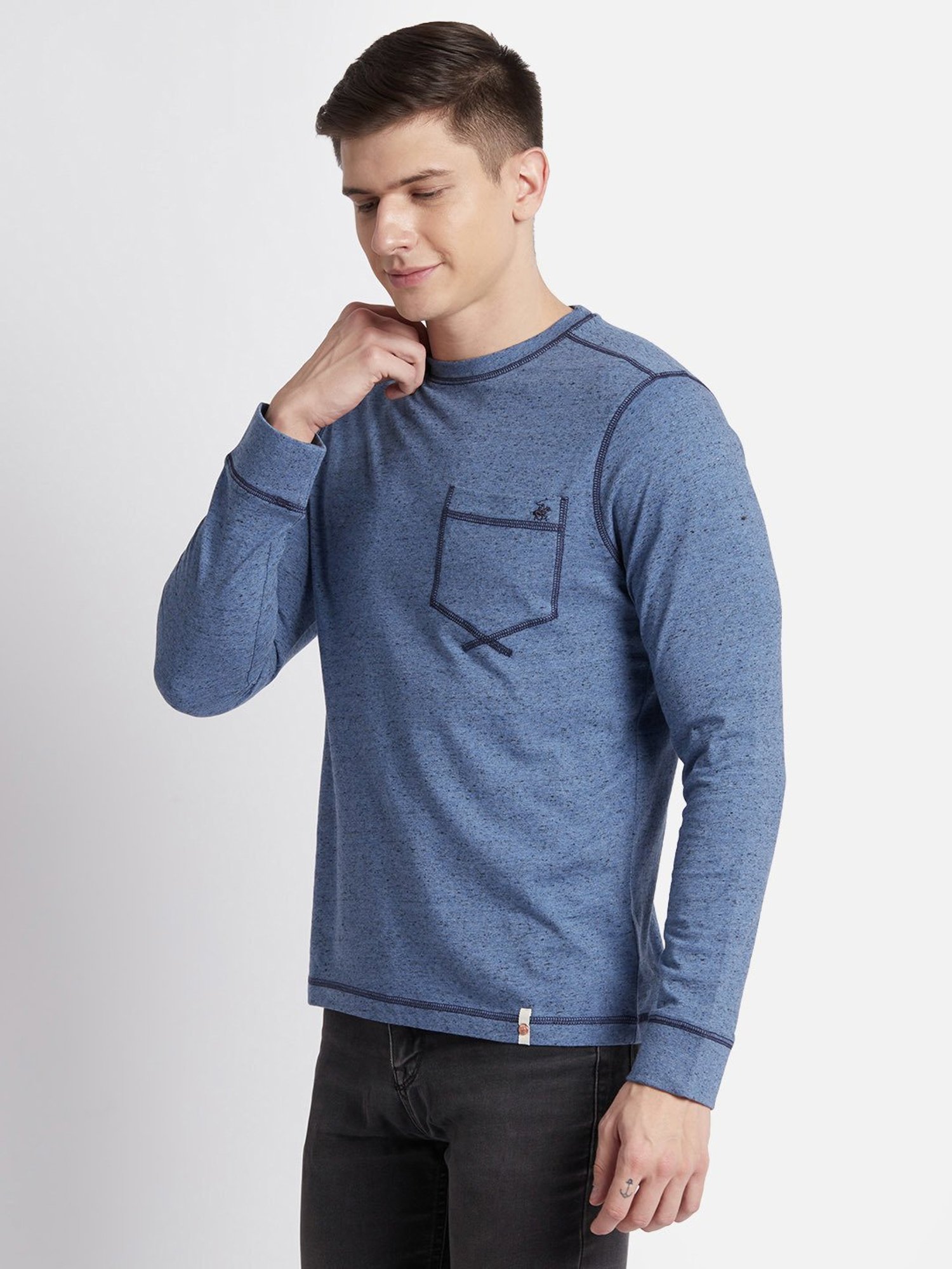 Beverly Hills Polo Club Blue Melange Regular Fit Pure Cotton Crew T-Shirt