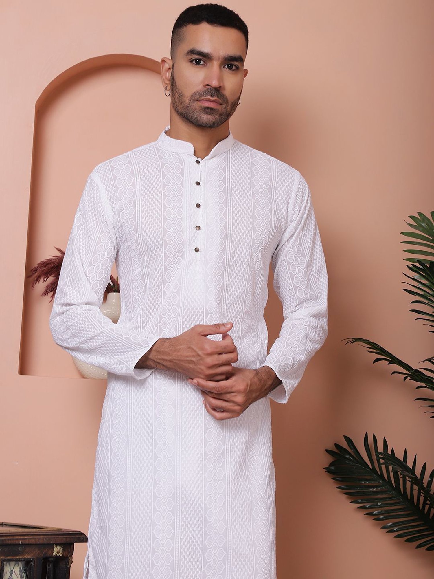 Jompers White Ragular Fit Embroidered Kurta Bottom Set