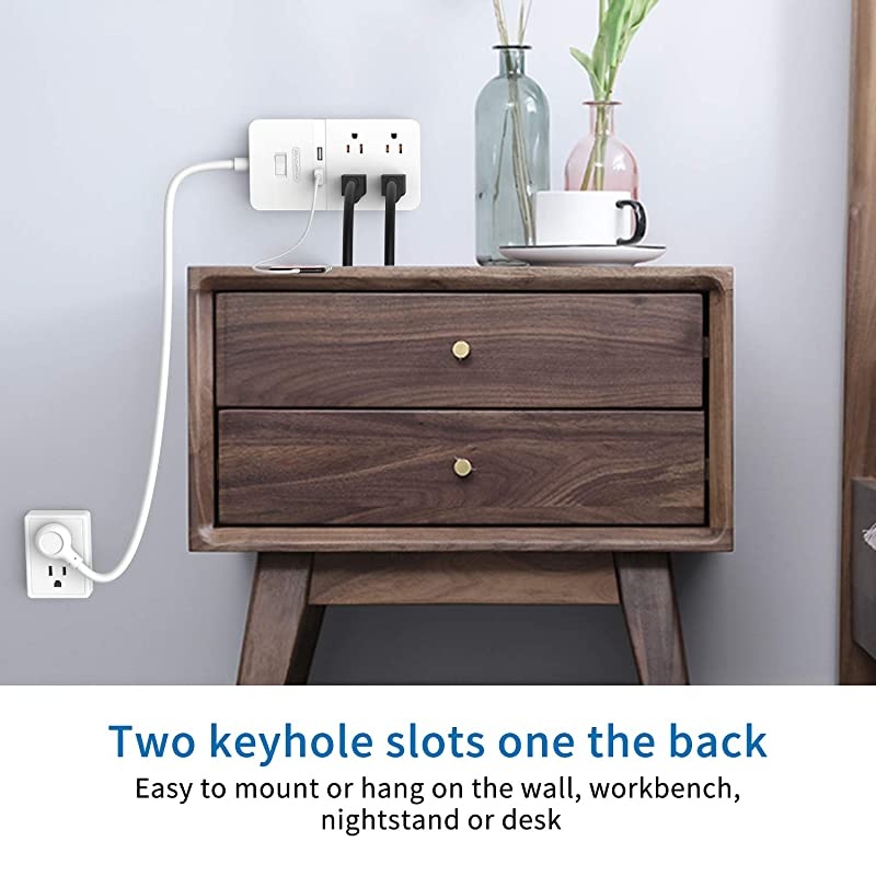 Flat Plug Power Strip with USB  Mountable Surge Protector Power Strip 4 Outlet 2 USB Desktop Charging Station 5ft Extension Cord ETL Listed 15A Circuit Breaker for Home Office White